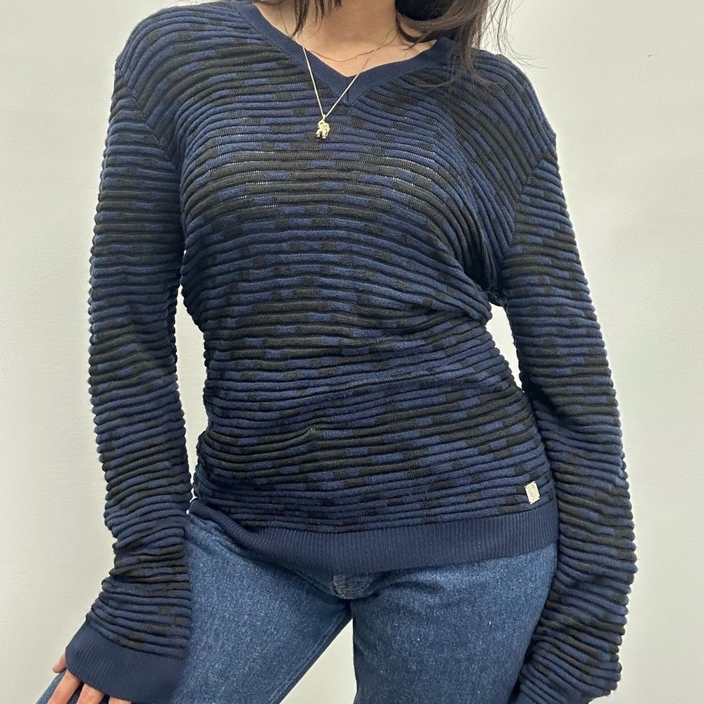 Versace Collection Blue & Black Wool Blend Mesh Knit V-neck Sweater Size M - Picture 6 of 14
